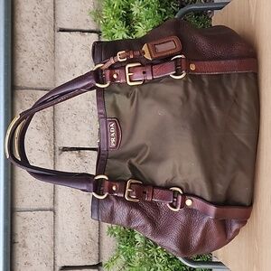 Prada Milano Green Nylon and Brown Leather Hobo Shoulder Bag with Gold hardware